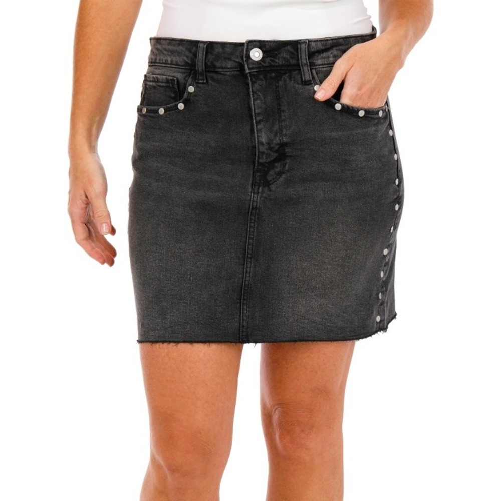 Kensie Jeans The High Rise Denim Skirt Black Studded Raw Hem Size 0/25 NWT‎